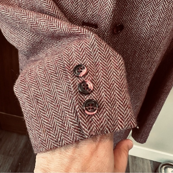 VINTAGE WOOL LADY JACKET ASTOR ONE BURGUNDY MAROON HERRINGBONE WINTER BLAZER - Picture 10 of 13